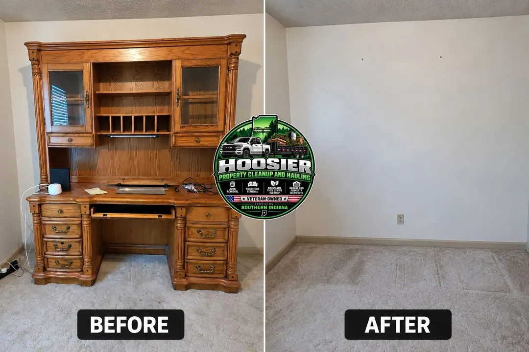 Before and after: a wooden desk and hutch removed from a room