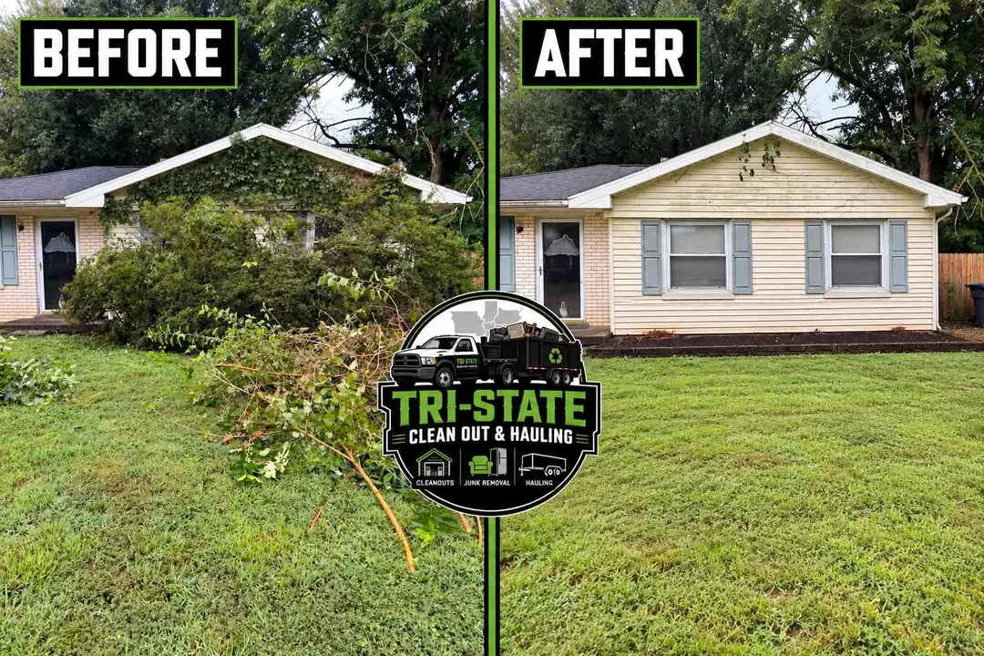 Supplied before-and-after photos of an outdoor cleanup project; Hoosier provides hauling, not vegetation cutting