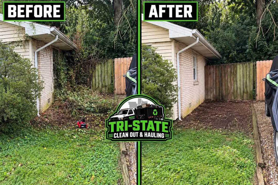 Supplied before-and-after outdoor cleanup photos beside a house and fence